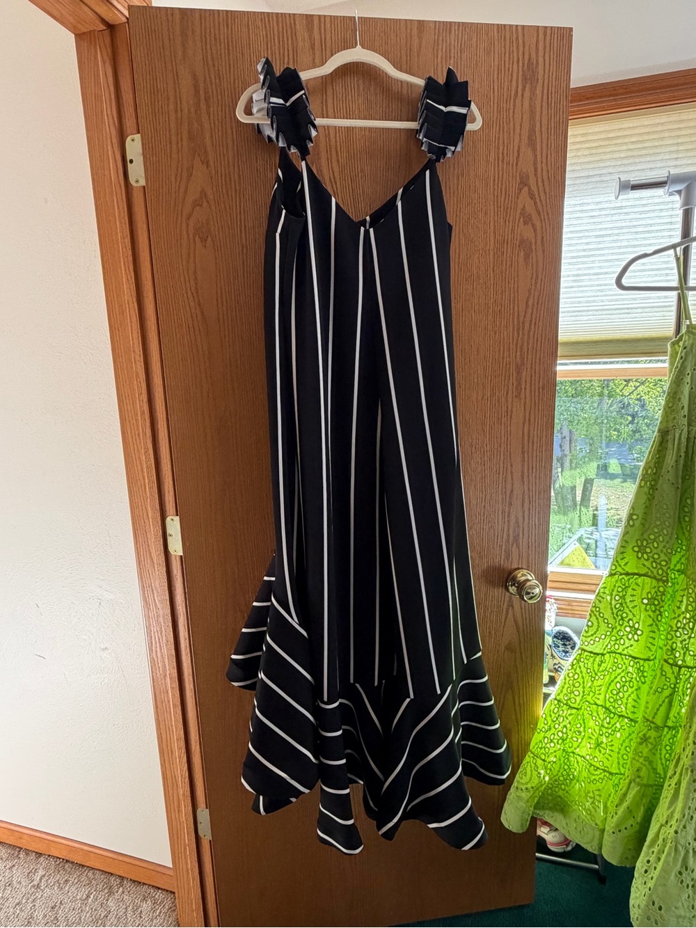 Simply Liliana Black and White Striped Ruffle-Hem Maxi Dress